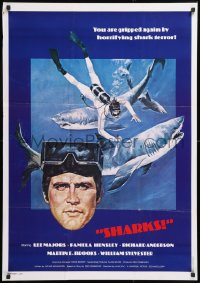 8j030 SIX MILLION DOLLAR MAN: SHARKS Lebanese 1978 Lee Majors, art of scuba diver with huge sharks!