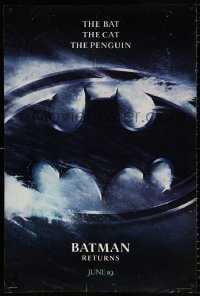 8k552 BATMAN RETURNS teaser 1sh 1992 Burton, Keaton, The Bat, The Cat, The Penguin, logo design!