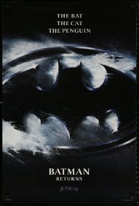8k554 BATMAN RETURNS teaser DS 1sh 1992 Burton, Keaton, The Bat, The Cat, The Penguin, logo design!