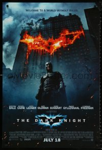 8k597 DARK KNIGHT int'l advance DS 1sh 2008 Christian Bale as Batman in front of burning bat symbol!