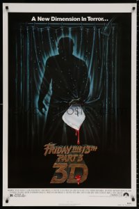 8k642 FRIDAY THE 13th PART 3 - 3D 1sh 1982 slasher sequel, art of Jason stabbing through shower!