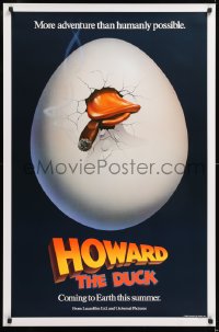 8k694 HOWARD THE DUCK teaser 1sh 1986 George Lucas, great art of hatching egg with cigar in mouth!