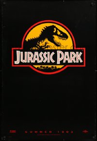 8k722 JURASSIC PARK teaser 1sh 1993 Steven Spielberg, classic logo with T-Rex over yellow background