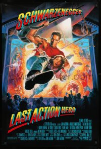 8k732 LAST ACTION HERO 1sh 1993 cool Morgan art of Arnold Schwarzenegger crashing through screen!