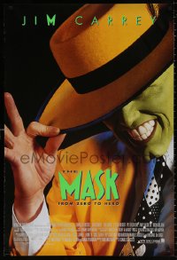 8k791 MASK style B 1sh 1994 great super close up of wacky Jim Carrey in full make-up!