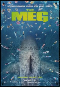 8k799 MEG teaser DS 1sh 2018 image of giant megalodon and terrified swimmers, pleased to eat you!