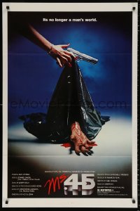 8k818 MS. .45 1sh 1981 Abel Ferrara cult classic, cool body bag image and bloody hand!