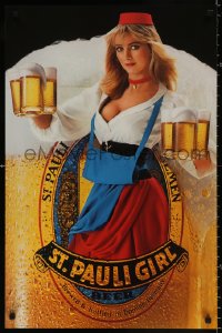 8k151 ST. PAULI GIRL 21x32 advertising poster 1984 great image of blonde girl holding beer mugs!
