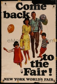 8k083 1964 NEW YORK WORLD'S FAIR 28x42 travel poster 1964 art of family having fun, come back!