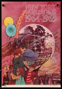 8k101 NEW YORK WORLD'S FAIR 11x16 travel poster 1961 cool Bob Peak art of family & Unisphere!