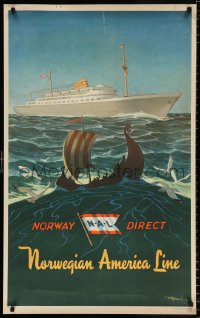 8k103 NORWEGIAN AMERICA LINE 25x40 Norwegian travel poster 1948 Viking ship and the MS Oslofjord!