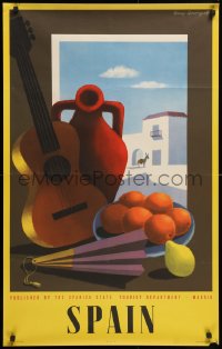 8k105 SPAIN 24x39 Spanish travel poster 1950s Guy Georget art of guitar & fruit in window!