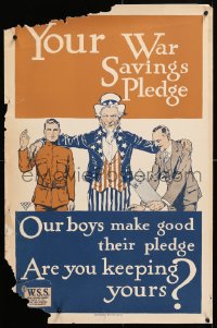 8k031 YOUR WAR SAVINGS PLEDGE 21x32 WWI war poster 1917 Uncle Sam w/arms around soldier & stamp buyer!