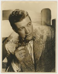 8p076 DENNIS MORGAN signed deluxe 11x14 still 1930s close portrait in suit & bow tie with pipe!