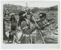 8p851 CLAYTON MOORE signed 8x10 REPRO still 1990s c/u as the Lone Ranger fighting Native American!