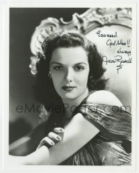 8p901 JANE RUSSELL signed 8x10 REPRO still 1980s sexy seated portrait with one bare shoulder!