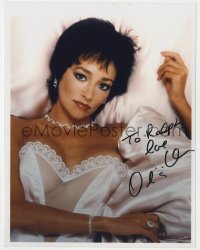8p811 OLIVIA HUSSEY signed color 8x10 REPRO still 1980s close up in bed wearing sheer negligee!