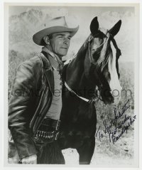 8p965 RANDOLPH SCOTT signed 8x10 REPRO still 1970s great cowboy portrait w/ horse from The Nevadan!