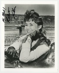 8p972 ROBERTA SHORE signed 8x10 REPRO still 1980s smiling close up leaning on saddle, The Virginian!