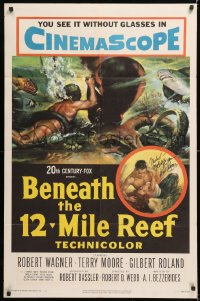 8p003 BENEATH THE 12-MILE REEF signed 1sh 1953 by Robert Wagner, art of scuba diver & octopus!