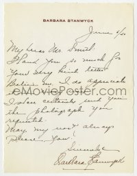 8p103 BARBARA STANWYCK signed letter 1940 thanking a fan for his very kind letter!