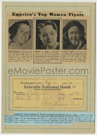 8p137 PHOEBE OMLIE signed 3x6 canceled check in 8x11 display 1936 famous early female aviator!