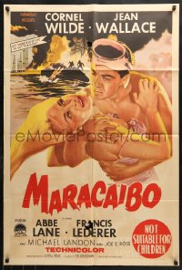 8r630 MARACAIBO Aust 1sh 1958 romantic artwork of Cornel Wilde & Jean Wallace in front of explosion