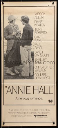 8r695 ANNIE HALL Aust daybill 1977 full-length Woody Allen & Diane Keaton, a nervous romance!