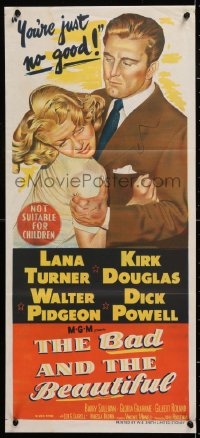 8r700 BAD & THE BEAUTIFUL Aust daybill 1953 great art of Kirk Douglas roughing up sexy Lana Turner!