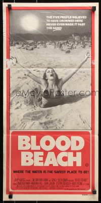 8r718 BLOOD BEACH Aust daybill 1981 Jaws parody tagline, image of sexy girl in bikini sinking in sand!