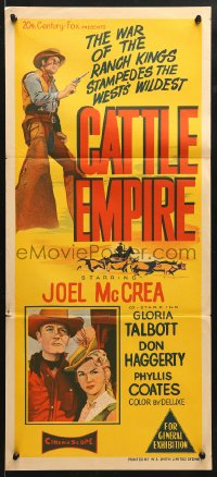 8r744 CATTLE EMPIRE Aust daybill 1958 cool full-length image of cowboy Joel McCrea with gun drawn!