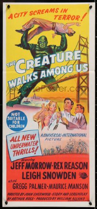 8r761 CREATURE WALKS AMONG US Aust daybill 1956 art of monster attacking by Golden Gate Bridge!