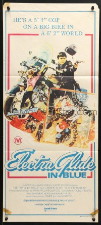 8r793 ELECTRA GLIDE IN BLUE Aust daybill 1973 cool art of motorcycle cop Robert Blake!