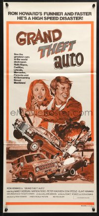 8r818 GRAND THEFT AUTO Aust daybill 1977 Ron Howard, Roger Corman, John Solie car crash art!