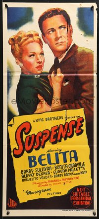 8r961 SUSPENSE Aust daybill 1946 Belita, Barry Sullivan, cool film noir artwork!
