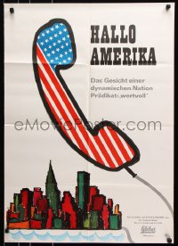 8r376 HALLO AMERIKA German 1962 Garp art of patriotic phone over New York City skyline!