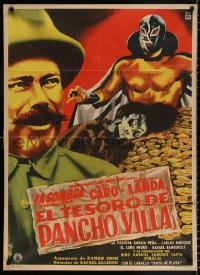 8r088 EL TESORO DE PANCHO VILLA Mexican poster 1954 Diaz art of masked wrestler & gold pile!