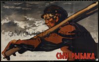 8r138 FISHERMAN'S SON Russian 25x39 1957 cool Datskevich artwork of Edward Pavuls carrying wood!