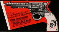 8s009 BLAZING SADDLES 7x7 promo card 1974 Mel Brooks western, cool die-cut pistol image!