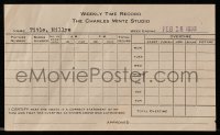 8s062 CHARLES MINTZ STUDIO 4x7 studio time sheet 1939 weekly time record from animation studio!