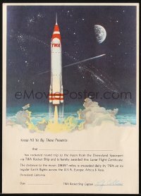 8s056 DISNEYLAND 5x7 souvenir certificate 1950s travel to Spaceport via Howard Hughes' TWA Rocket Ship!