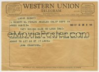 8s033 JOAN CRAWFORD Western Union telegram 1960 telling Ross Hunter she MUST be in his movie!