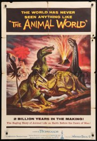8t040 ANIMAL WORLD 1sh 1956 great artwork of prehistoric dinosaurs & erupting volcano!