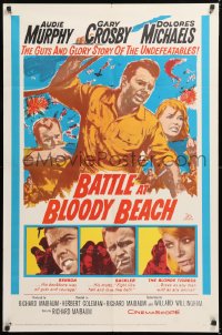 8t065 BATTLE AT BLOODY BEACH 1sh 1961 Audie Murphy blazing and blasting the Pacific wide open!