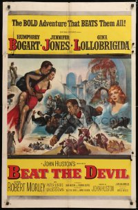 8t068 BEAT THE DEVIL 1sh 1953 art of Humphrey Bogart with sexy Gina Lollobrigida & Jennifer Jones!
