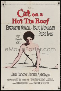 8t143 CAT ON A HOT TIN ROOF 1sh R1966 classic art of Elizabeth Taylor as Maggie the Cat!