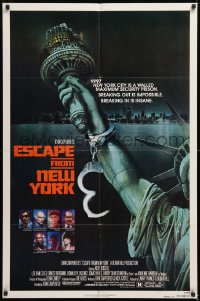 8t277 ESCAPE FROM NEW YORK advance 1sh 1981 Carpenter, art of handcuffed Lady Liberty by Stan Watts!