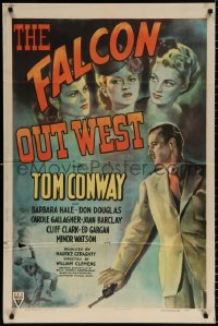 8t283 FALCON OUT WEST 1sh 1944 great art of Tom Conway as The Falcon with three sexy suspects!