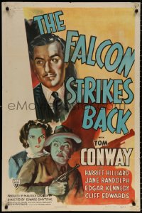 8t284 FALCON STRIKES BACK 1sh 1943 cool art of Tom Conway as The Falcon + Randolph & Edwards!