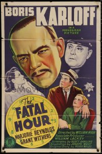 8t291 FATAL HOUR 1sh 1940 cool artwork of Boris Karloff as Asian detective Mr. Wong!